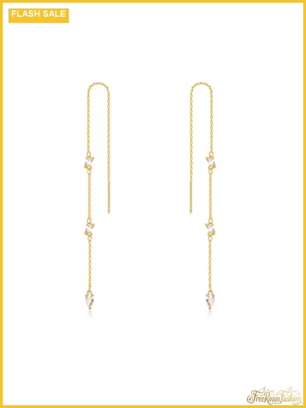 Threader Dangle Earrings Teardrop Marquise Cubic Zirconia Gold Plated Long Link